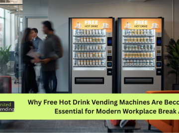 Free hot drink vending machine providing coffee, tea and hot chocolate in a modern workplace break area