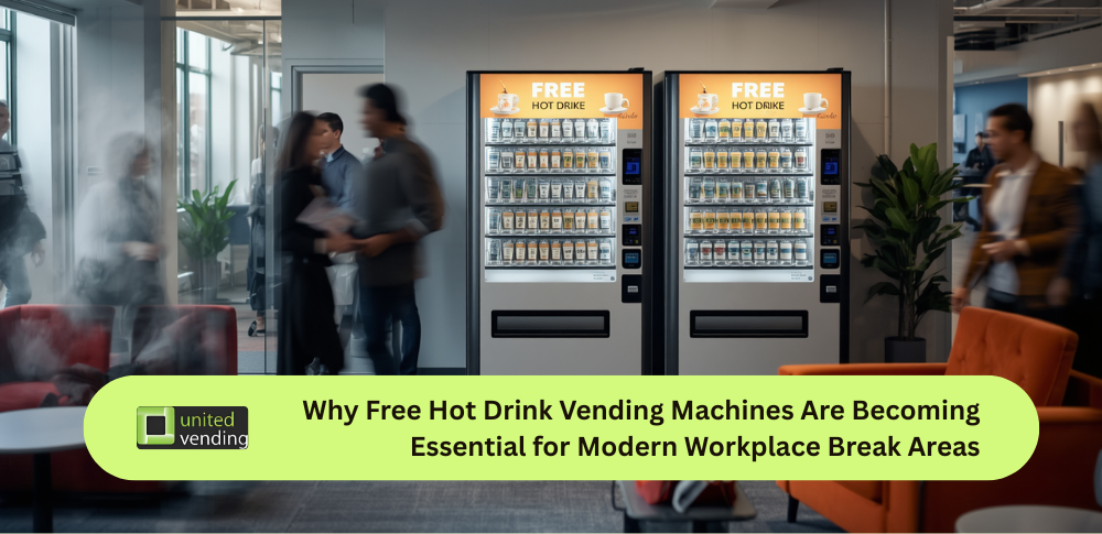 Free hot drink vending machine providing coffee, tea and hot chocolate in a modern workplace break area